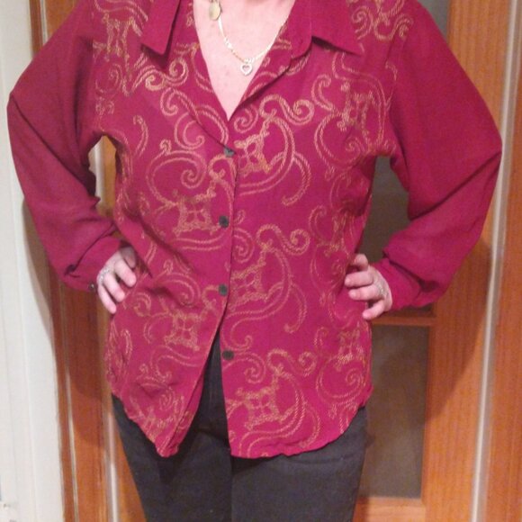 Carole Little petite deep red and gold embroder shirt - Picture 2 of 8